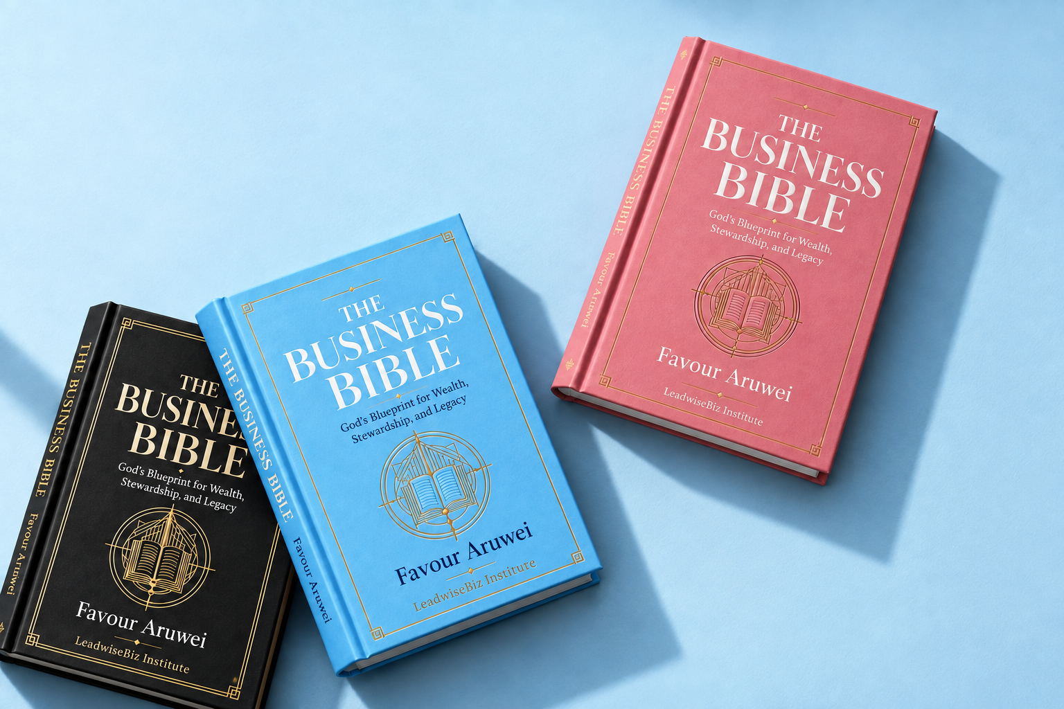 Rose Pink, Sky Blue and Onyx Black copies of The Business Bible on a blue reading table