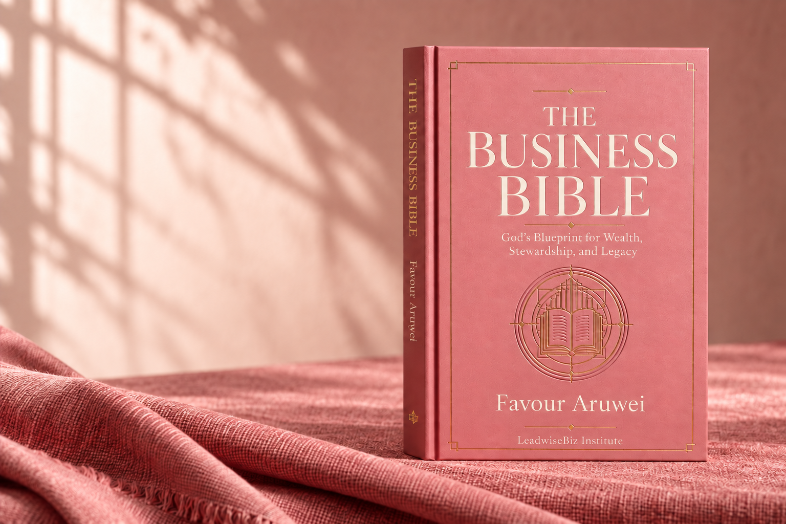 Rose Pink hardcover on rose fabric in soft window light